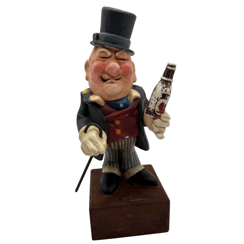 Vintage Caricature Gentleman Figurine‎ Statue Decor on Genuine Teak Wood Base